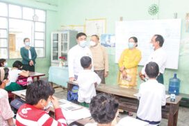 SAC member Daw Aye Nu Sein, MoE Union minister inspect schools in Sittway Township