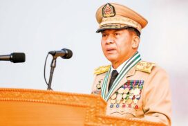 Chairman of State Administration Council Commander-in-Chief of Defence Services Senior General Maha Thray Sithu Min Aung Hlaing delivers address at  77th Anniversary Armed Forces Day Parade