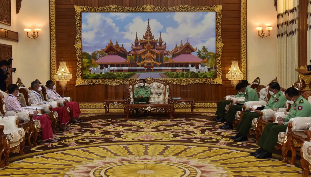 SAC Chairman Commander-in-Chief of Defence Services Senior General Min Aung Hlaing holds peace talks with NMSP Vice-Chairman Nai Aung Min