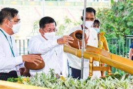 SAC Chairman Prime Minister Senior General Min Aung Hlaing,  council members and wives pour water on Maha Bodhi banyan trees