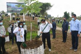 SAC Chairman Prime Minister Senior General Min Aung Hlaing plants star-flower sapling at pre-monsoon tree planting ceremony  as 2022 environmental greening activity
