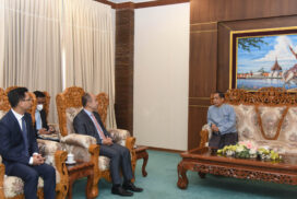 U Ko Ko Hlaing, Union Minister for International Cooperation and Chairman of the Task Force to Facilitate Provision of Humanitarian Assistance to Myanmar through the AHA centre receives Dr Kung Phoak, Secretary of State for Foreign Affairs and International Cooperation and Head of the office of the Special Envoy of the ASEAN Chair