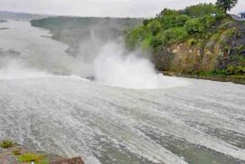 Water from Kyeeohn Kyeewa Dam overflows from spillway