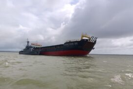 Tatmadaw (Navy) rescues tilted cargo ship in Myanmar waters