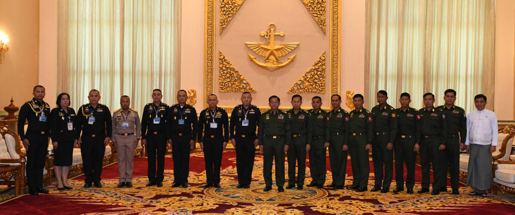 State Administration Council Chairman Commander-in-Chief of Defence Services Senior General Min Aung Hlaing receives Thai delegation headed by Lt-Gen Apichet Suesat of Royal Thai Army