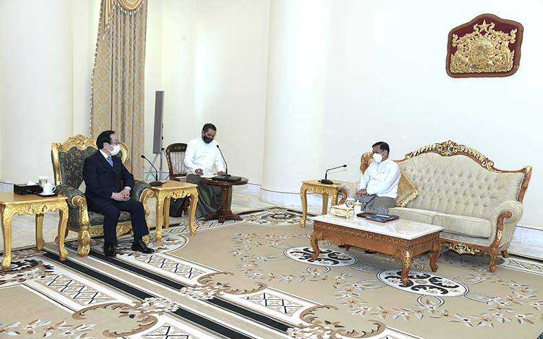 SAC Chairman Prime Minister Senior General Min Aung Hlaing receives member of House of Representatives Mr Hiromichi Watanabe of Liberal Democratic Party of Japan