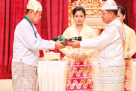 SAC Chairman Prime Minister Senior General Thadoe Maha Thray Sithu Thadoe Thiri Thudhamma Min Aung Hlaing and wife Daw Kyu Kyu Hla attend the ceremony to confer honorary titles on recipients to mark Diamond Jubilee Independence Day 2023