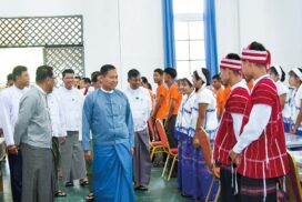 SAC Vice-Chairman Deputy Prime Minister Vice-Senior General Soe Win meets ethnic traditional cultural troupes, students from regions and states who will participate in ceremony to honour Diamond Jubilee Independence Day