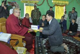 SAC Chairman Prime Minister Senior General  Min Aung Hlaing donates offertories to Theravada Buddhist Missionary (Central) Monastery, Theravada Buddhist Missionary Nunnery in Lahe of Naga Self-Administered Zone