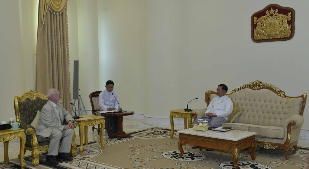 SAC Chairman PM Senior General Min Aung Hlaing receives Vice-President Mr Anatoly Bulochnikov of Russia-Myanmar Association for Friendship and Cooperation and party