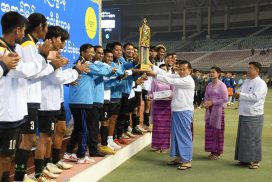 SAC Vice-Chair DPM Vice-Senior General Soe Win attends final match and awarding for men’s football tournament of Inter-Universities, Degree Colleges for 2022-2023 Academic Year