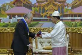 SAC Chairman PM Senior General Thadoe Maha Thray Sithu Thadoe Thiri Thudhamma Min Aung Hlaing confers honorary titles and medals on former Japanese Prime Minister, Chair of Japan-Myanmar Association