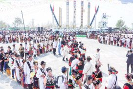 SAC Member Daw Dwe Bu, Union Minister Jeng Phang Naw Taung attend opening ceremony of gateway, traditional housing, Manaw Compound of Lachid people in Kachin State