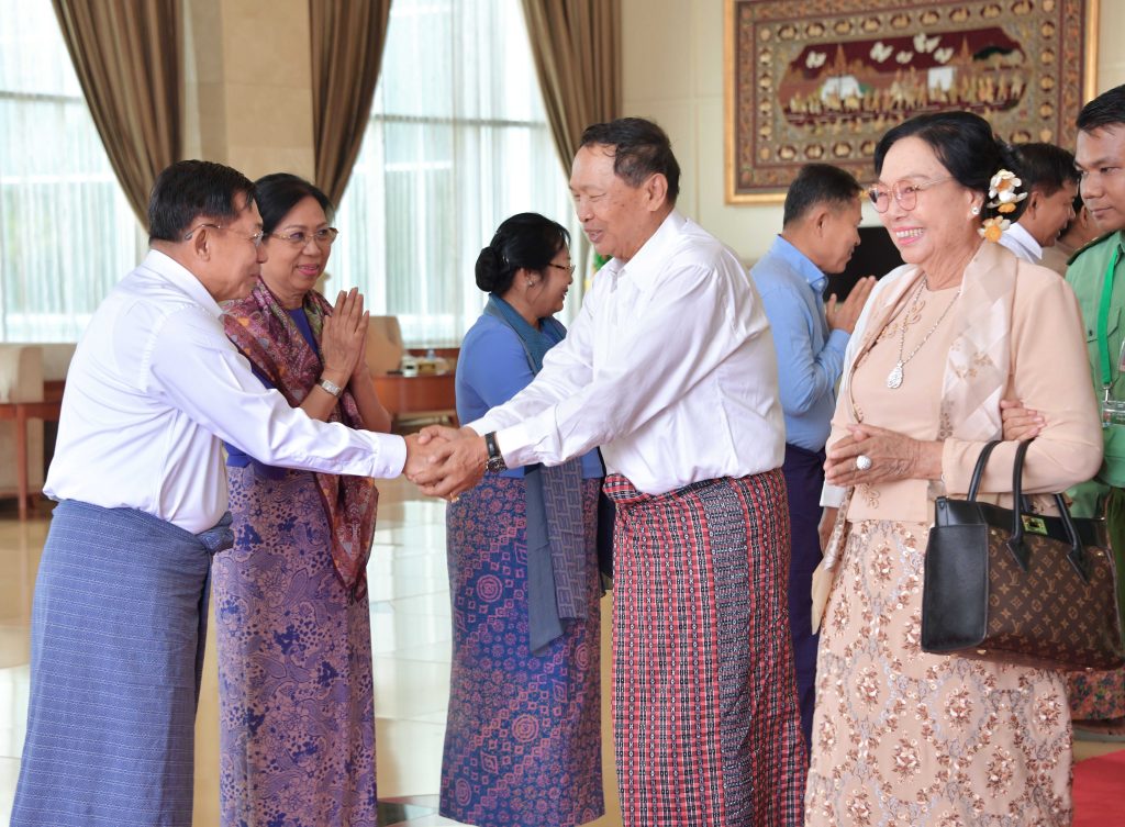 Families of Tatmadaw (Army, Navy and Air) led by SAC Chairman Defence Services C-in-C Senior General Thadoe Maha Thray Sithu Thadoe Thiri Thudhamma Min Aung Hlaing and wife pay respects to retired senior military officers who attended 78th Anniversary of Armed Forces Day Parade