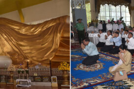 SAC Chairman Prime Minister Senior General  Min Aung Hlaing pays homage to ancient pagodas in Bago, inspects maintenance of Kanbawzathadi Palace