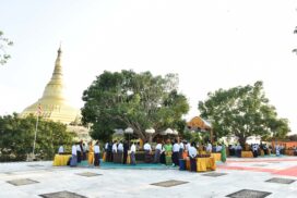 SAC Chairman Prime Minister Senior General Min Aung Hlaing, wife Daw Kyu Kyu Hla and party pour water on Maha Bodhi banyan trees