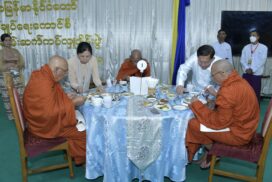 SAC Chairman Prime Minister Senior General  Min Aung Hlaing, wife Daw Kyu Kyu Hla attend ceremony to donate offerings, day meals to members of the Sangha to mark Full Moon Day of Kason Buddha Day