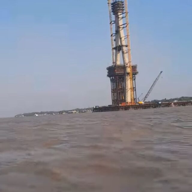 Cables are being installed in Dala, as a part of Dala-Yangon Bridge project